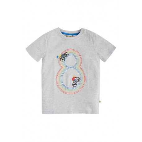 T-shirt manches courtes en coton biologique Frugi, motif "j'ai 8 ans" circuit de VTT