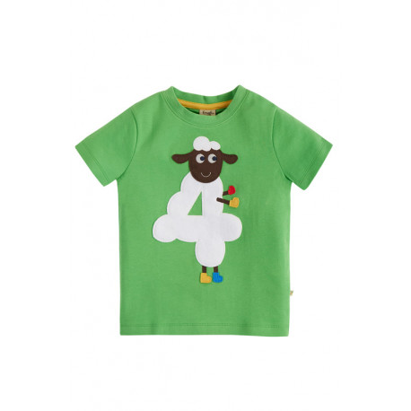 T-shirt manches courtes en coton biologique Frugi, motif "j'ai 4 ans", mouton