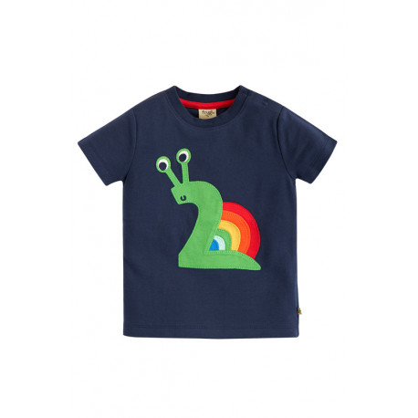 T-shirt manches courtes en coton biologique Frugi, motif "j'ai 2 ans", motif escargot