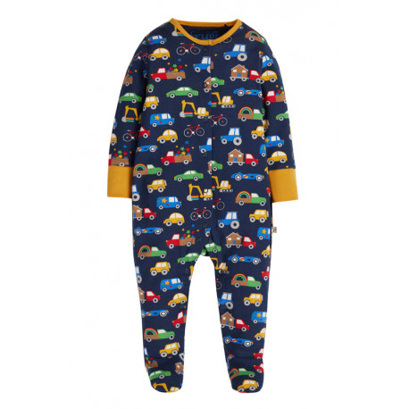 Pyjama avec pieds en coton biologique FRUGI, motif véhicules colorés